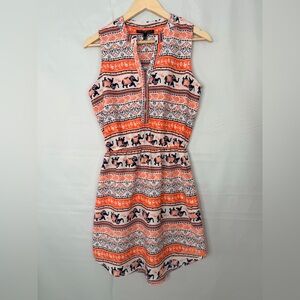 Derek Heart Elephant Print Sleeveless Boho Dress Button Front Womens M